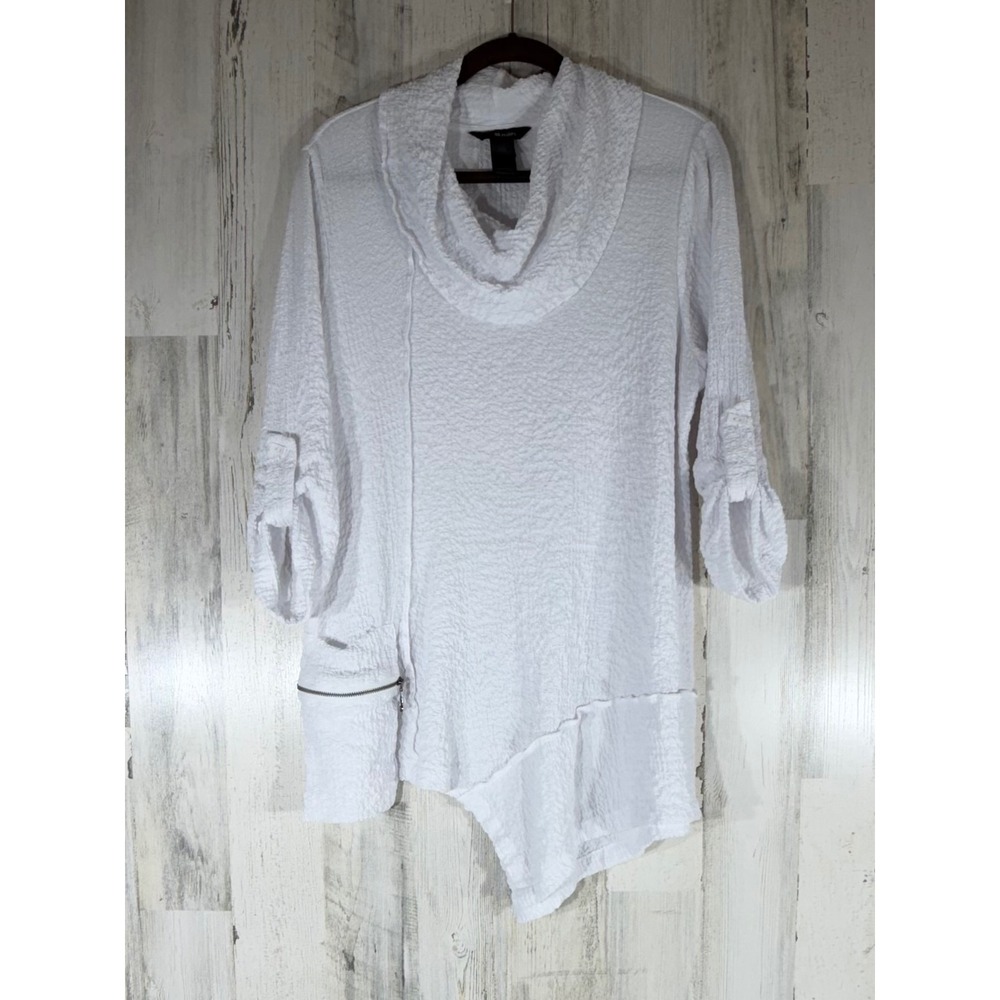 Ali Miles White Crinkle Tunic Blouse Size Large Cowl Neck Asymmetrical‎ Roll Tab